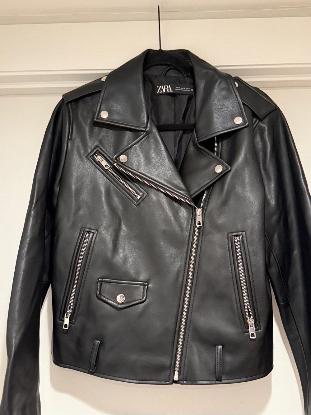 Zara Black Leather Motorcycle Jacket Size XL - Picture 2 of 8